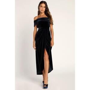Lulus I'm Enchanted Navy Blue Velvet Off-the-shoulder Maxi Dress - Size M